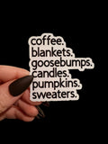 coffee, blankets, goosebumps, candles, pumpkins, sweaters sticker