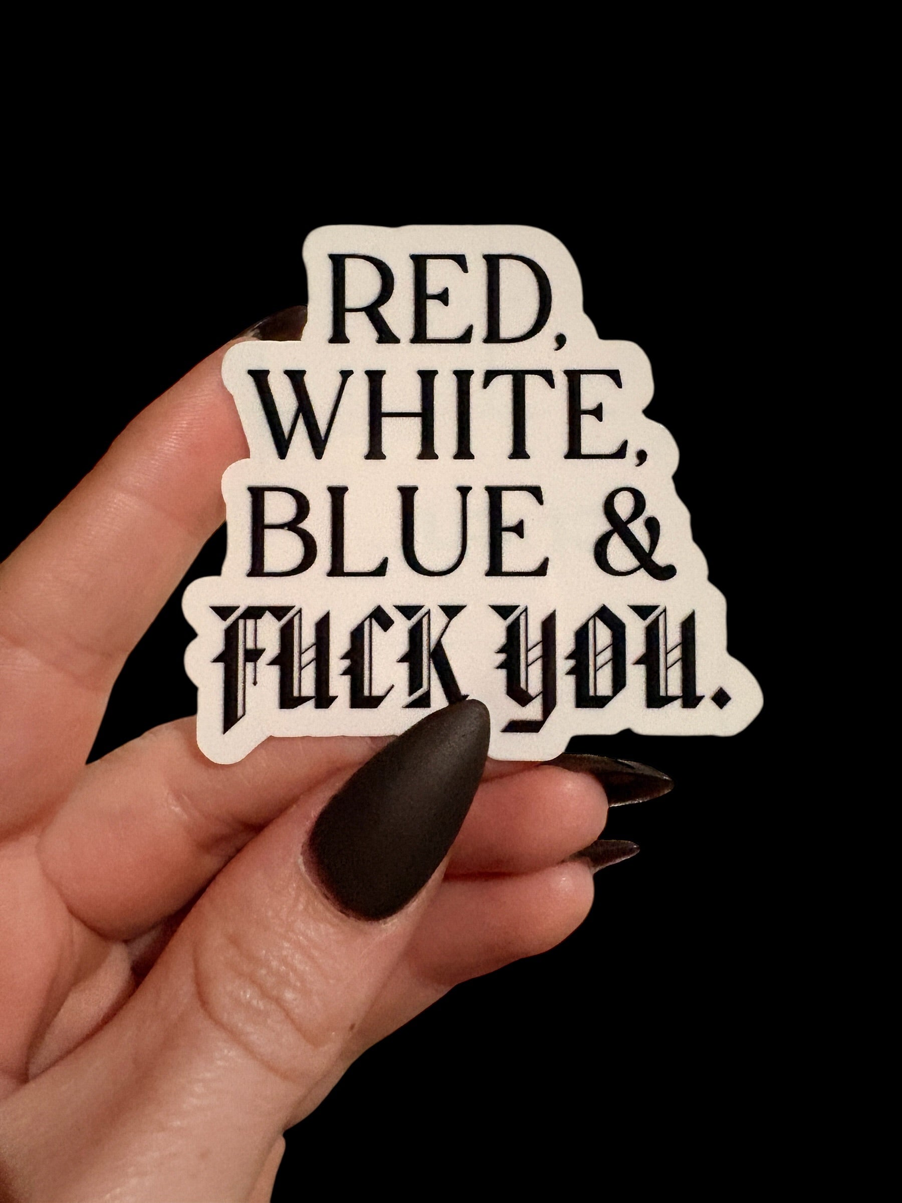 red, white and blue sticker